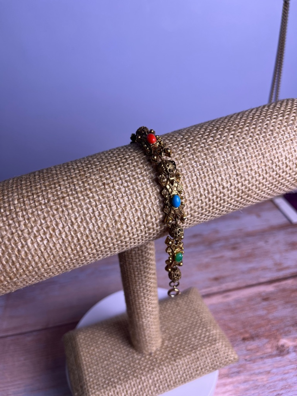 Vintage Florenza Victorian Revival Bracelet Faux Gemstones Gold Filigree